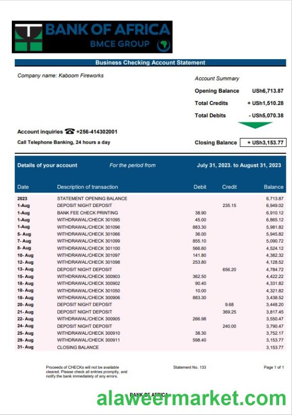 Bank of Africa enterprise account statement Word and PDF template